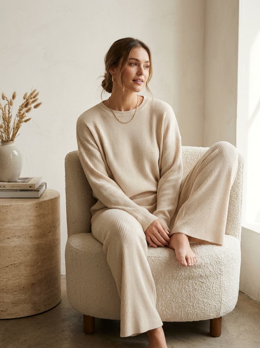 Cloud Ribbed Knit Two-Piece Set in Oatmeal